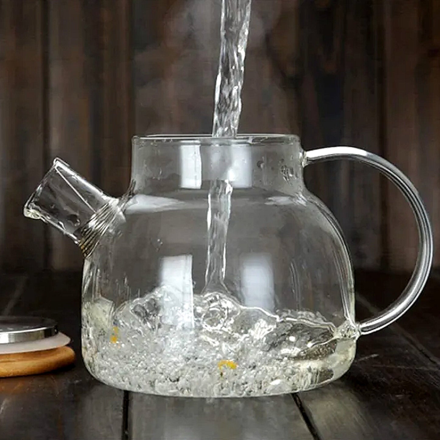 Чајник стаклен со дрвен капак огноотпорен 1L