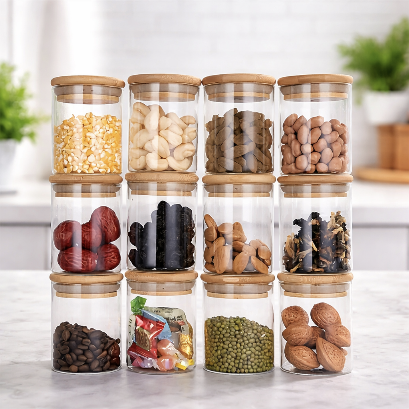 Стаклени садови тегли со капаци бамбус сет 6 и 12 парчиња